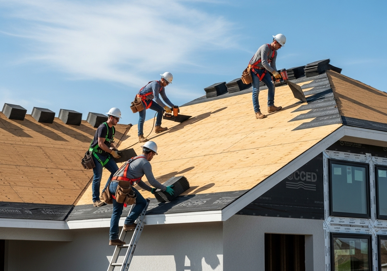 Professional roof installation team working on a residential home